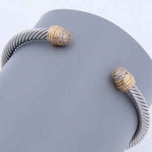 Elegant Women's Stainless Steel Cable Bangle Bracelet Silver Gold Accent & CZ's